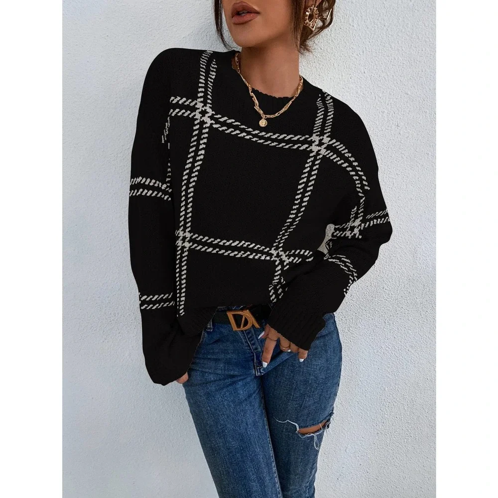 Plaid Pattern Drop Shoulder Sweater grid minimalist black white - Picture 4 of 9